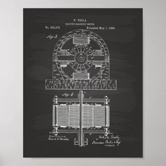 Nikola Tesla 1888 Patent Art - Chalkboard Poster (Voorkant)