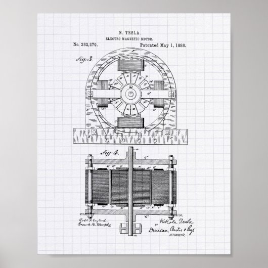 Nikola Tesla 1888 Patent Art - Lige Peper Poster (Voorkant)