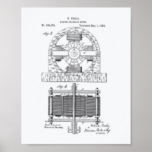 Nikola Tesla 1888 Patent Art - Witboek Poster