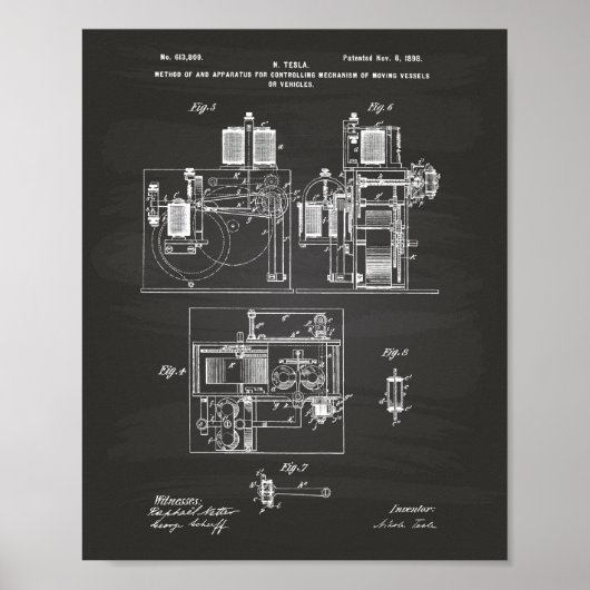 Nikola Tesla 1898 Patent Art - Chalkboard Poster (Voorkant)