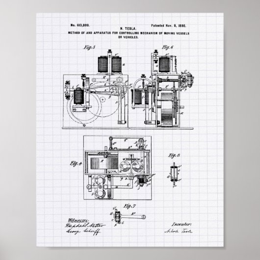 Nikola Tesla 1898 Patent Art - Lige Peper Poster (Voorkant)