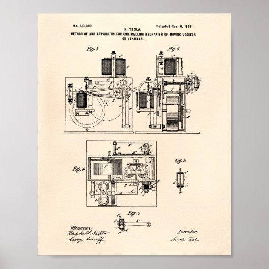 Nikola Tesla 1898 Patent Art - Oude poster (Voorkant)
