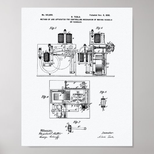 Nikola Tesla 1898 Patent Art - Witboek Poster (Voorkant)