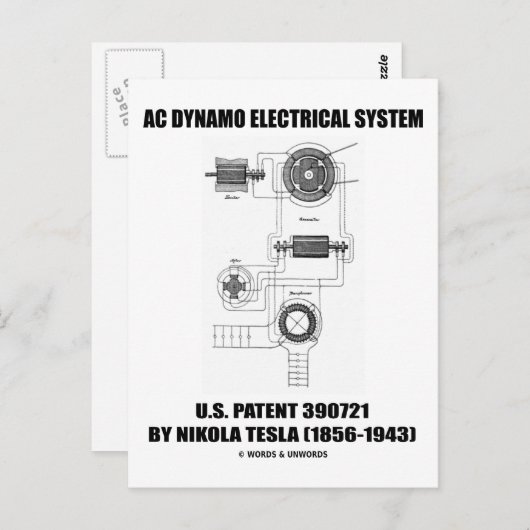 Nikola Tesla AC Dynamo Electrical System Patent Briefkaart (Voorkant / Achterkant)