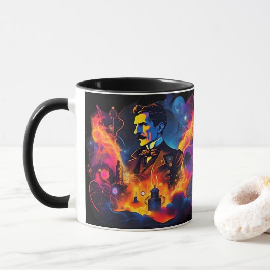Nikola Tesla Elektriserend Genie Neon Pop Art Mok (Met donut)