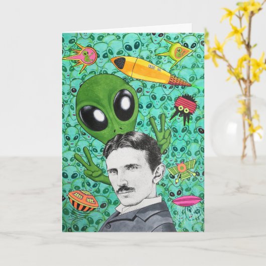 Nikola Tesla en de Aliens  Kaart (Gele Bloem)