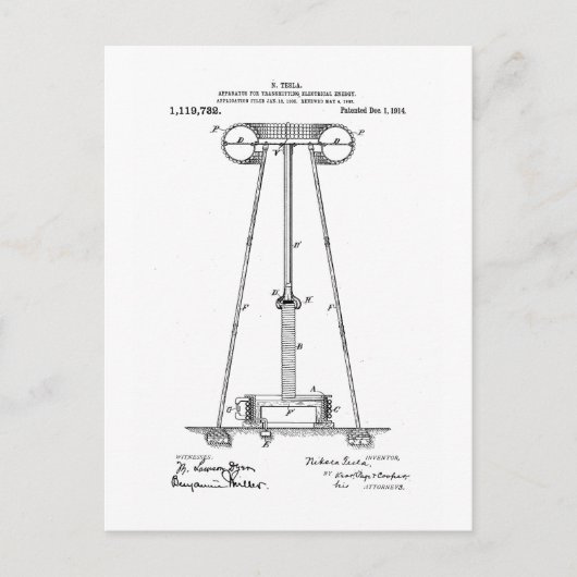 Nikola Tesla Energy Transmission Pantent US119732 Briefkaart (Voorkant)