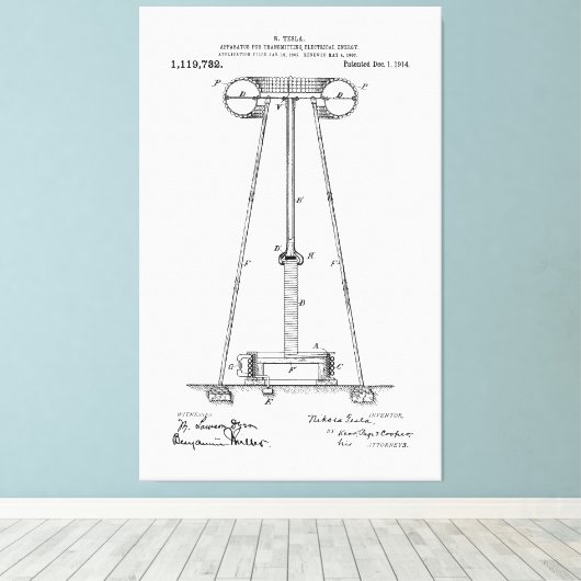 Nikola Tesla Energy Transmission Pantent US119732 Canvas Afdruk (Insitu (Houten vloer))