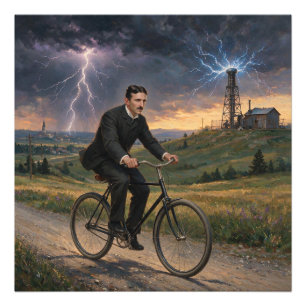 Nikola Tesla fietst naar zijn lab circa 1893 Foto Afdruk