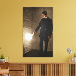 Nikola Tesla met een gloeilamp Canvas Afdruk
