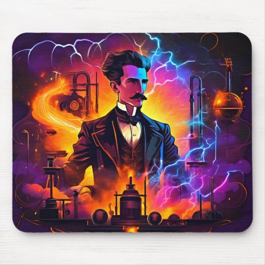 Nikola Tesla Neon Retro-Futurisme Muismat (Voorkant)