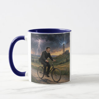 Nikola Tesla rijdt op de fiets naar zijn lab circa Mok