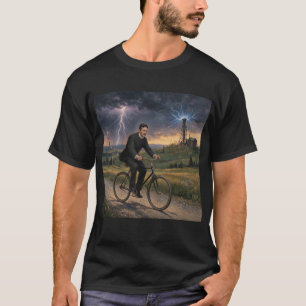 Nikola Tesla rijdt op de fiets naar zijn lab circa T-shirt