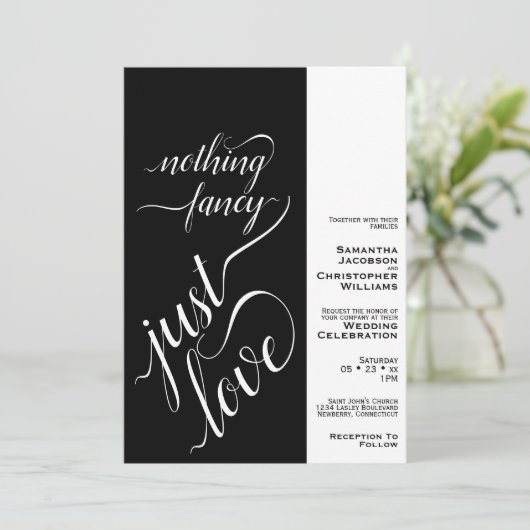 Niks Fancy Gewoon Liefde Modern Zwart Bruiloft Kaart (Staand voorkant)