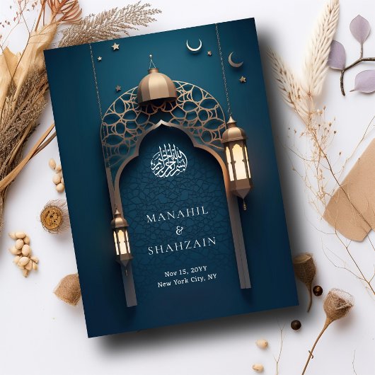 Nile Blue Islamic Arch QR Code RSVP Wedd Website Informatiekaartje