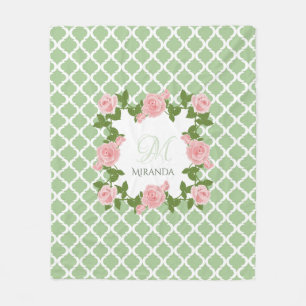 Nile Green Quatrefoil roze roze roze monogram met  Fleece Deken