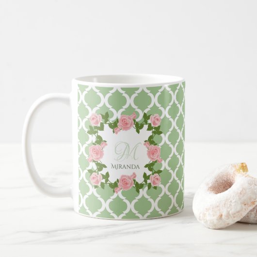 Nile Green Quatrefoil roze roze roze monogram met  Koffiemok (Met donut)