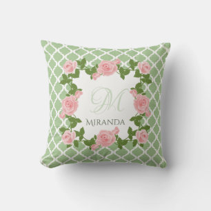 Nile Green Quatrefoil roze roze roze monogram met  Kussen