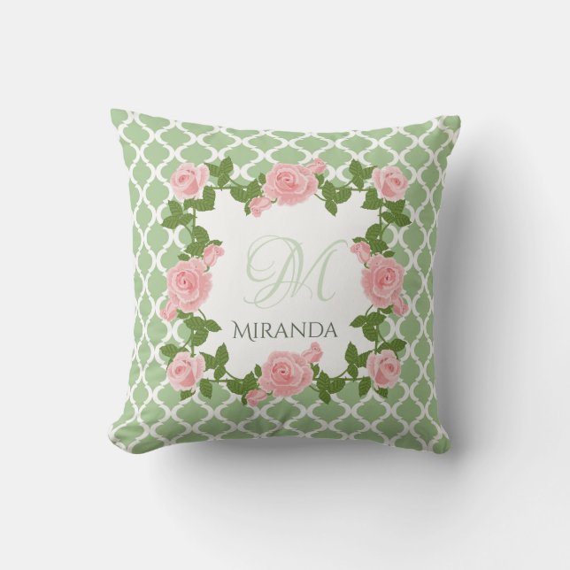Nile Green Quatrefoil roze roze roze monogram met  Kussen (Voorkant)