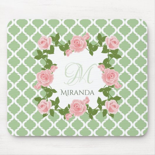 Nile Green Quatrefoil roze roze roze monogram met  Muismat (Voorkant)
