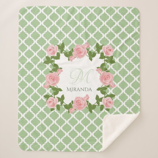 Nile Green Quatrefoil roze roze roze monogram met  Sherpa Deken (Voorkant)