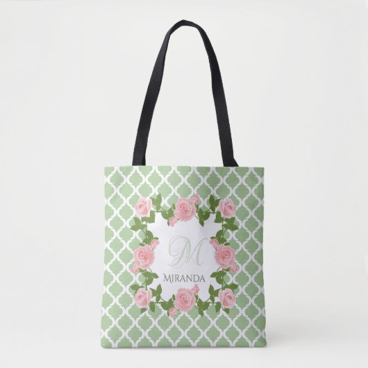 Nile Green Quatrefoil roze roze roze monogram met  Tote Bag (Voorkant)