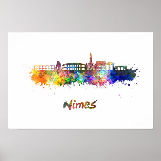 Nimes skyline in waterverf poster (Voorkant)