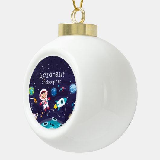 Niña astronauta en la luna, nombre monogramado keramische bal ornament (Rechts)