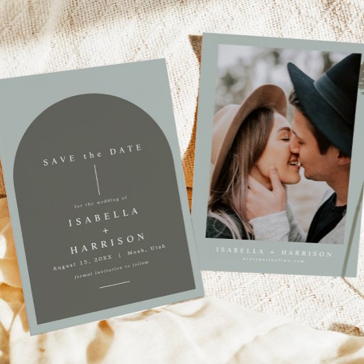 NINA Boho Sage Green Arched Photo Save the Date Kaart
