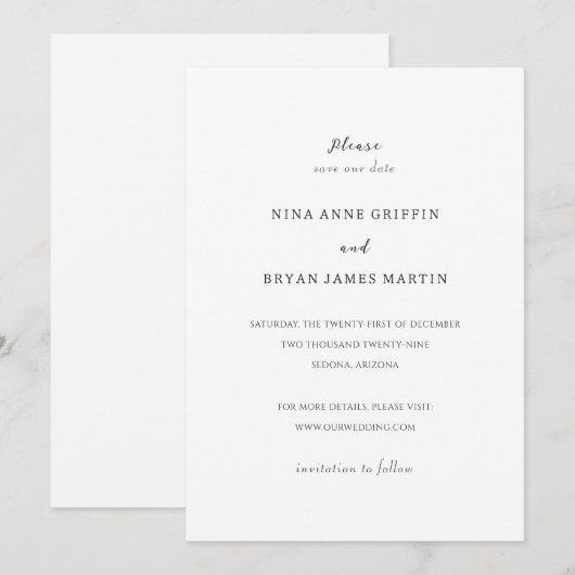 Nina eenvoudige elegante bruiloft save the date (Voorkant / Achterkant)