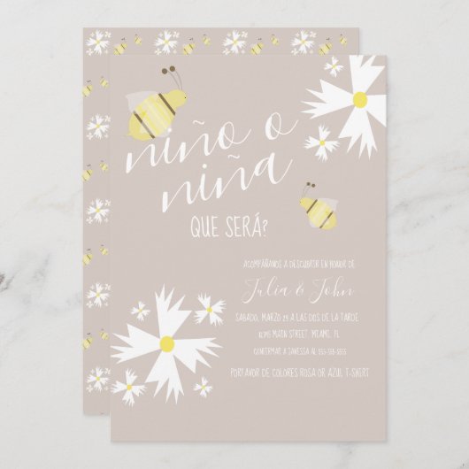 Nina o Nino Gender onthulling Cute Bee Earthy Tone Kaart (Voorkant / Achterkant)