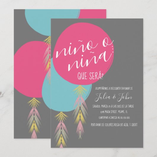 Nina o Nino Gender Reopenbaart Tassel Balloon Kaart (Voorkant / Achterkant)