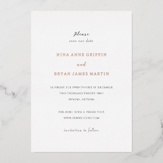 Nina Simple Elegant Wedding Sla de datum op Folie Uitnodiging (Voorkant)
