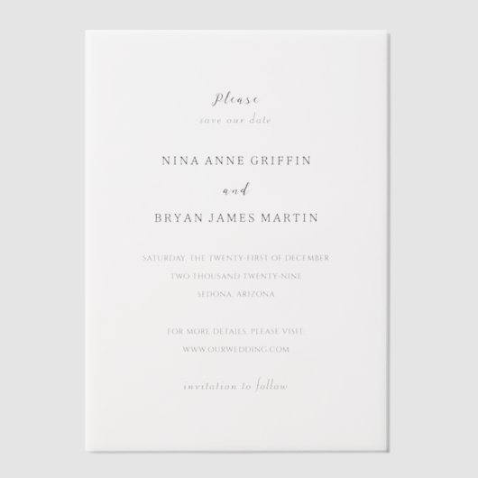 Nina Simple Elegant Wedding Sla de datum op Vellum Uitnodigingen (Voorkant)