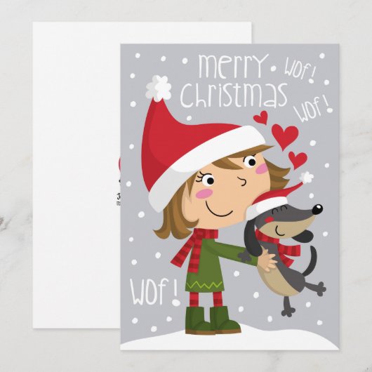 Niña y perro salchicha. Klein meisje en dachshund. Feestdagenkaart (Voorkant / Achterkant)