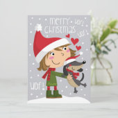 Niña y perro salchicha. Klein meisje en dachshund. Feestdagenkaart (Staand voorkant)