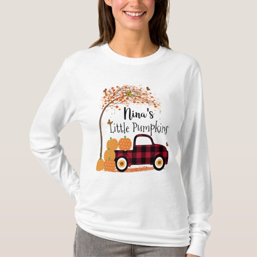 Nina's kleine pompoenen rode vrachtwagen herfst t-shirt (Voorkant)