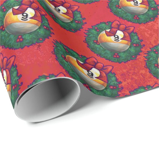 Nine Ball in Kerstmis WreatPattern op Red Cadeaupapier (Rol Hoek)