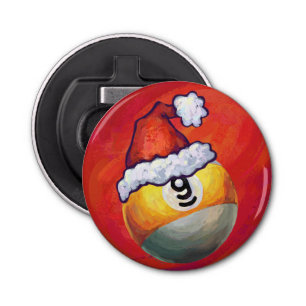 Nine Ball in Santa Hat op rood Button Flesopener