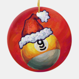 Nine Ball in Santa Hat op rood Keramisch Ornament
