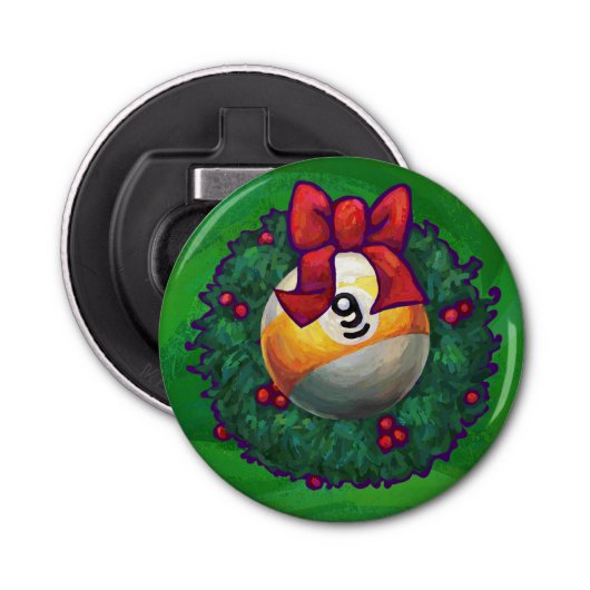 Nine Ball in Wreath on Green Button Flesopener (Voorkant)