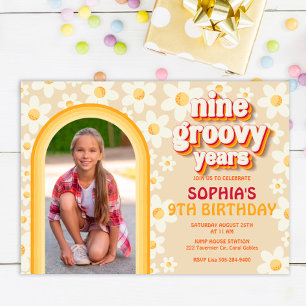 Nine Groovy Retro Boho Foto Birthday Uitnodiging