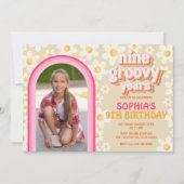 Nine Groovy Retro Daisy Photo Birthday Invitation Notitiekaartje (Voorkant)