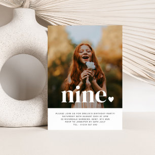 Nine Heart Photo First Birthday Invitation Kaart