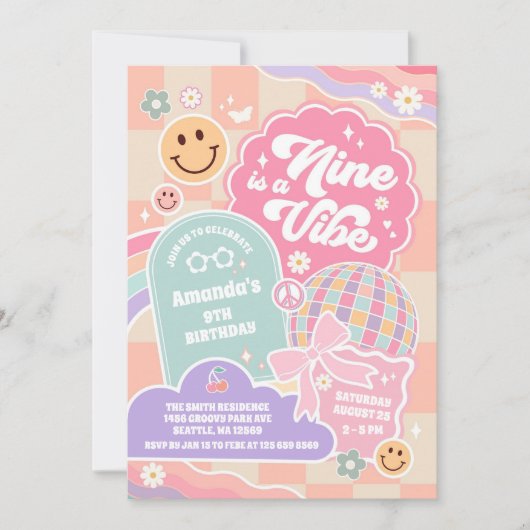 Nine Is A Vibe Cloud Rainbow Disco 9th Birthday Kaart (Voorkant)