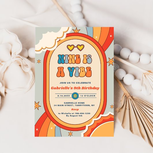 Nine is een Vibe Groovy Retro Rainbow 9e verjaarda Kaart