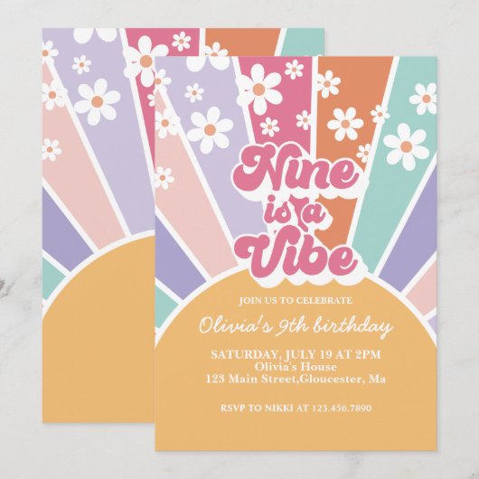 Nine is een Vibe Retro Sunshine Rainbow Daisy Kaart (Voorkant / Achterkant)