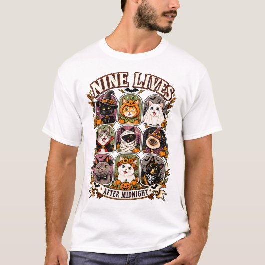 Nine Lives After Midnight Halloween Katten T-Shirt (Voorkant)