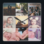 Nine Photo Collage Sjabloon Vierkante Klok<br><div class="desc">Foto Collage 9 Foto en Tekst Sjabloon ...  voeg eenvoudig uw eigen foto's toe aan deze grote wandklok ...  die gemakkelijk te personaliseren is ...  aanpasbare fotosjabloonklok van Ricaso - perfecte cadeauideeën</div>