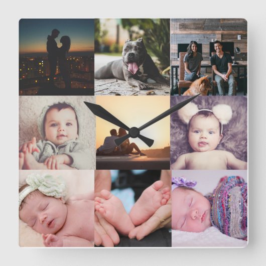 Nine Photo Collage Sjabloon Vierkante Klok (Voorkant)